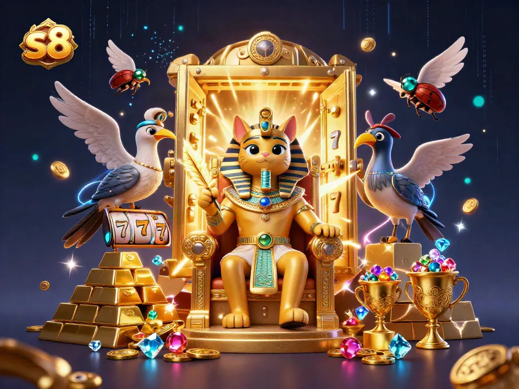 Win big with S8's captivating Egyptian-themed slot game scene filled with treasures!
