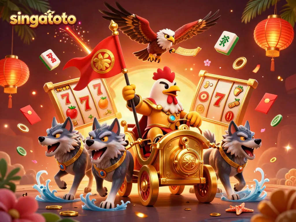 Spin slots with singatoto: A roaring 3D illustration of a chariot and a warlord amidst vibrant casino elements.