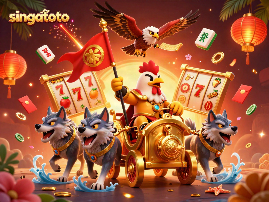 Spin slots with singatoto: A roaring 3D illustration of a chariot and a warlord amidst vibrant casino elements.