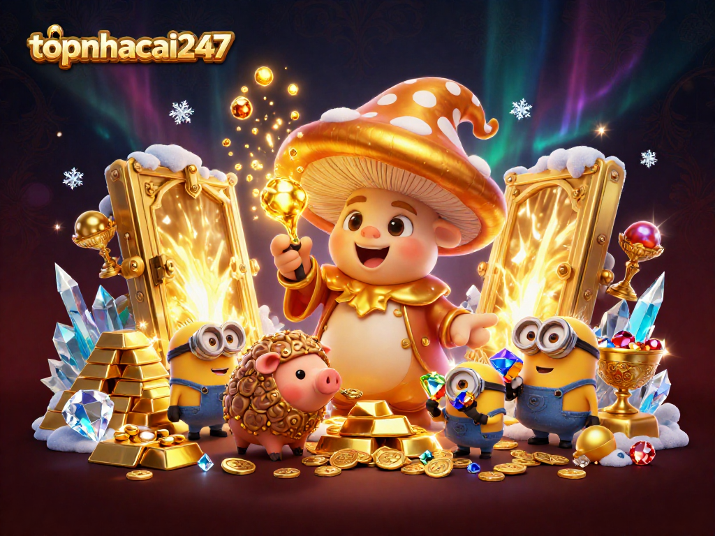 Engage with topnhacai247's magical experience featuring golden treasure and 3D cartoon characters in action.