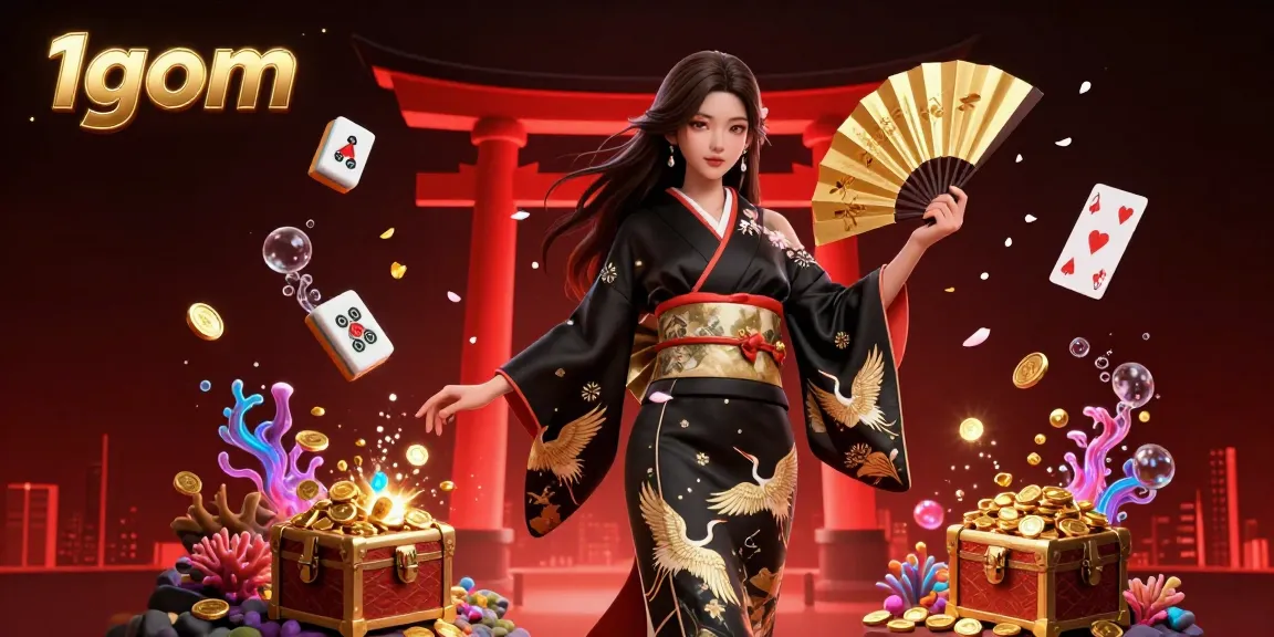 Bet on winning strategies at 1gom with photorealistic Asian woman in a traditional kimono, dynamic casino elements.