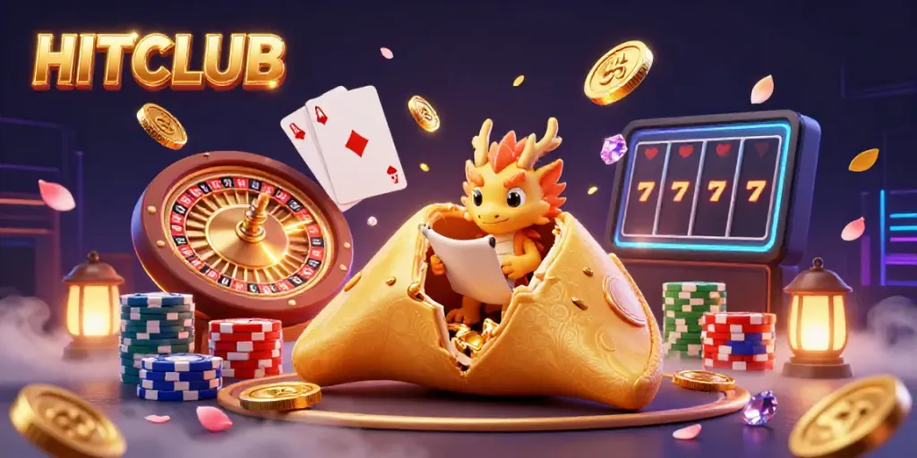 Win big at HITCLUB with enchanting golden elements and a fortune cookie scene filled with exciting casino action.