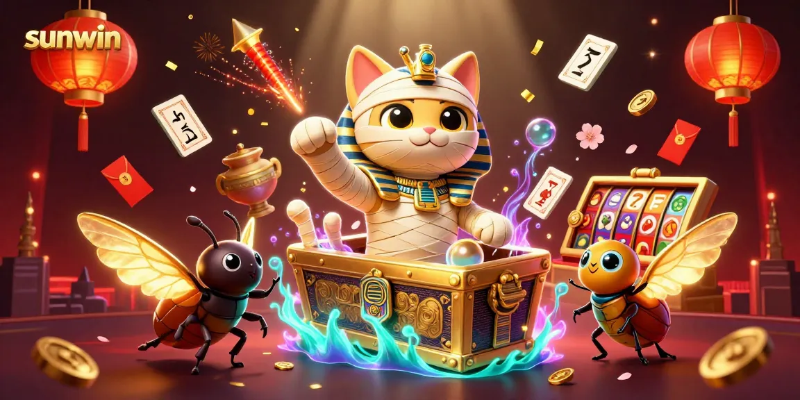 Engage with sunwin in a vibrant and detailed casino scene featuring an Egyptian mummy cat and more.