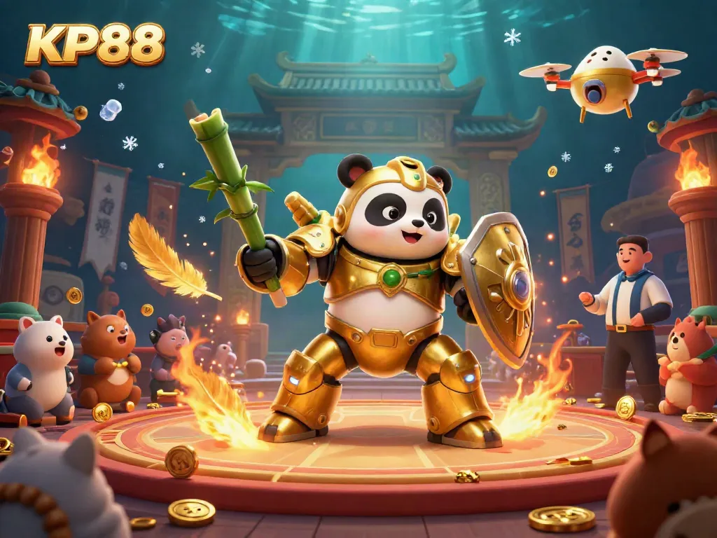Engage with KP88’s vibrant casino scene featuring a mech-suit panda amidst animated game elements.