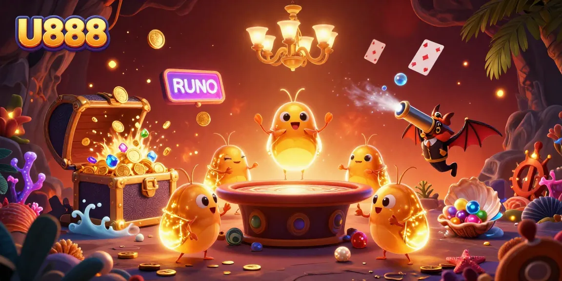 Experience high-stakes fun at U888 with glowworms illuminating a vibrant cave casino scene.