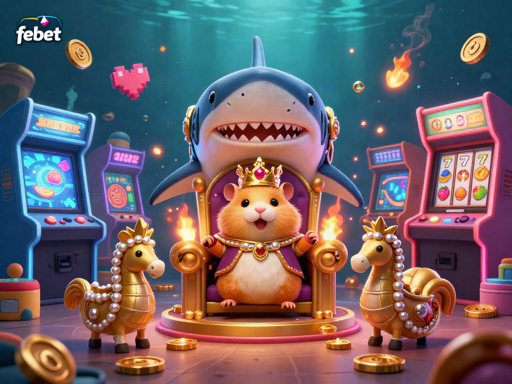 Engage with febet's vibrant casino theme featuring a golden hamster king amidst colorful gaming elements.