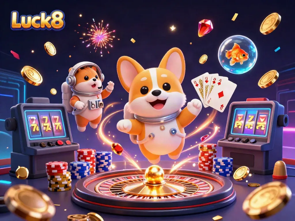 Enjoy exciting gaming moments with Luck8's captivating casino scene featuring playful characters and dynamic elements.
