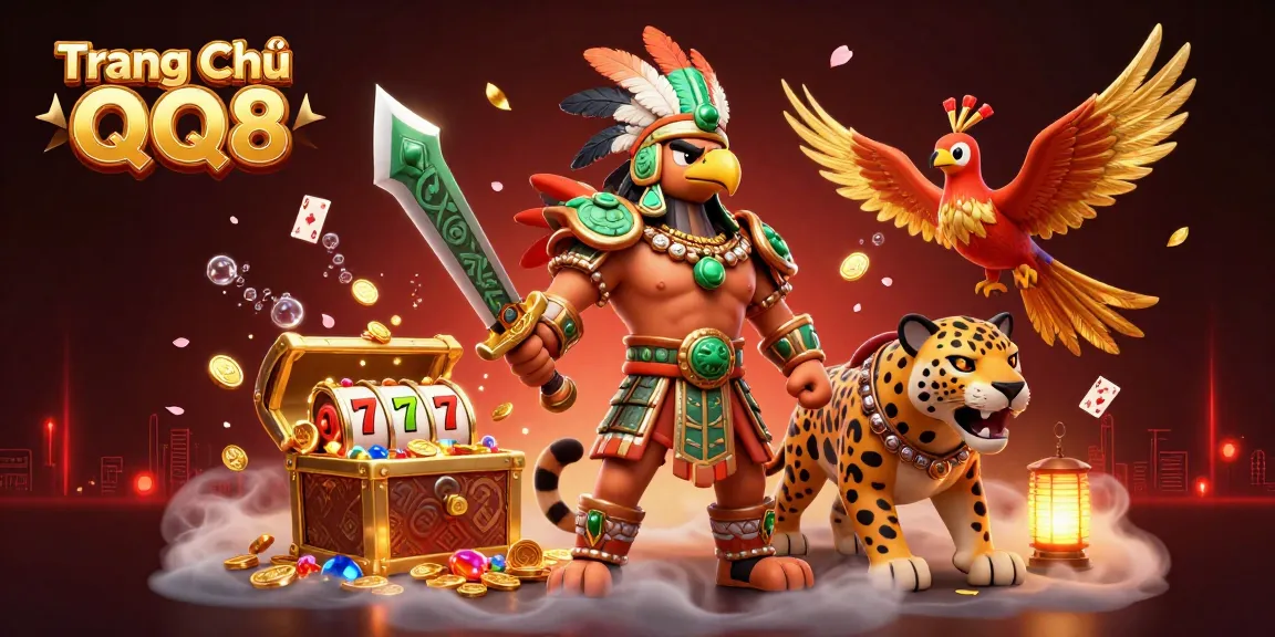 Engage in the dynamic world of Trang Chủ QQ8 with an explosive treasure-themed scene, showcasing vibrant gambling elements.