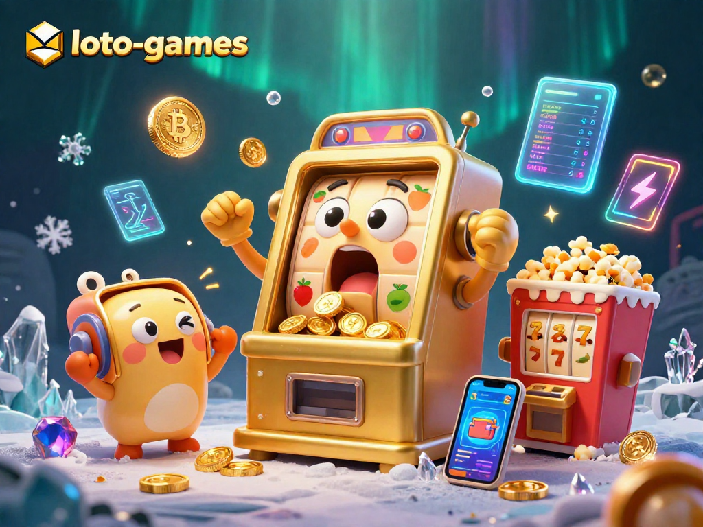 Engaging loto-games illustration depicting a golden slot machine hitting a jackpot with cheering companions.