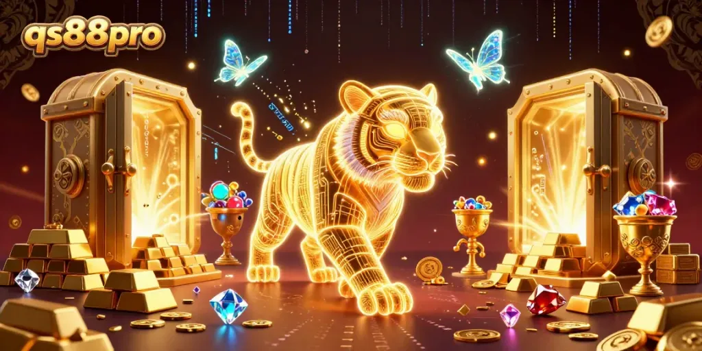 Experience the thrills of qs88pro with vibrant digital illustration of a casino landscape and golden tiger.