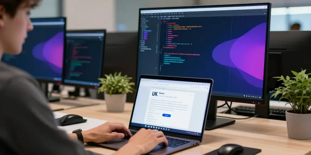 .uk domain registration interface on a developer’s screen, showcasing advanced digital technology and professional workspace.
