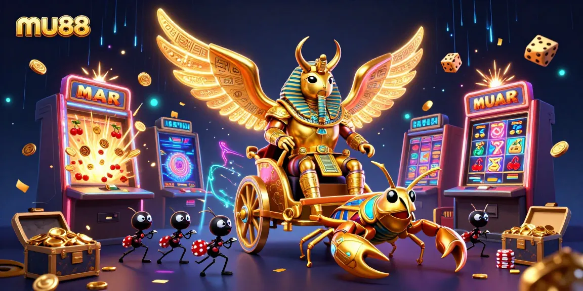 Experience thrilling jackpot excitement with mu88 featuring a golden beetle chariot in a vibrant casino world.