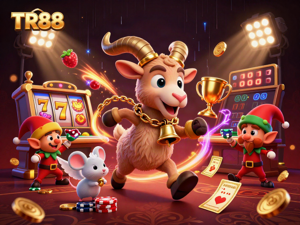 Experience excitement at TR88 casino with a lively scene featuring unique characters and vibrant game elements.