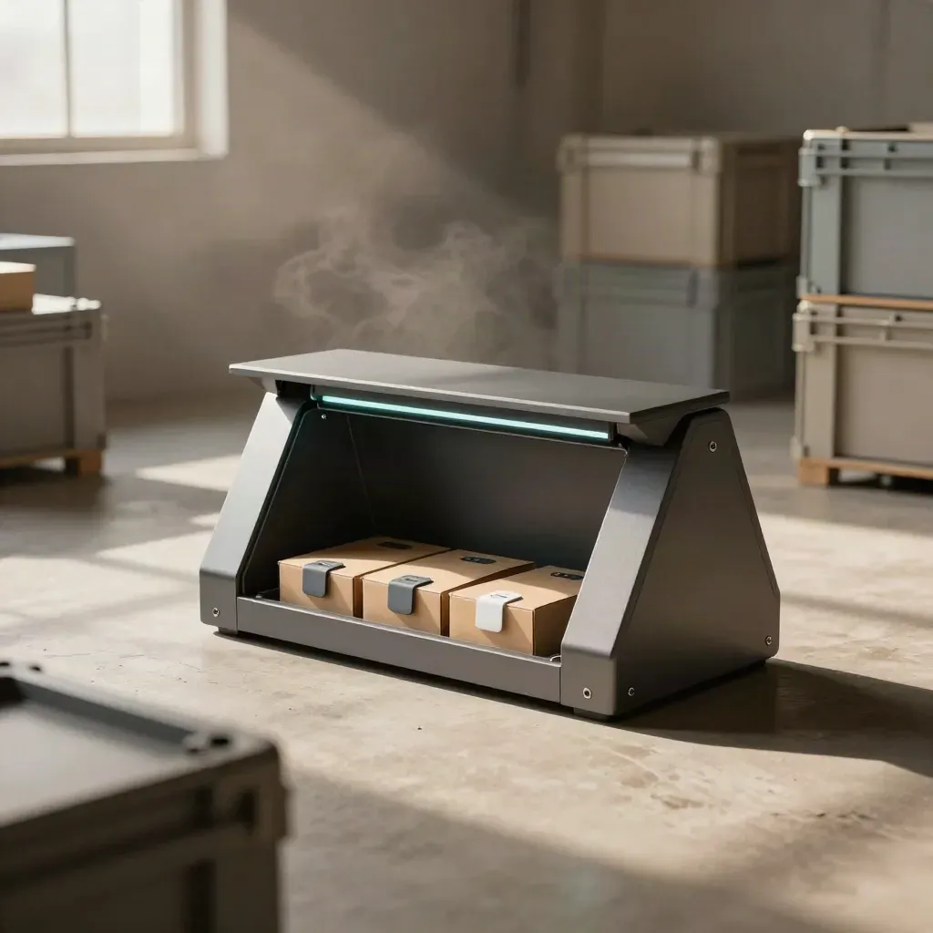 Unbranded warehouse portal setup kit with crates, tray and teal glow in soft daylight