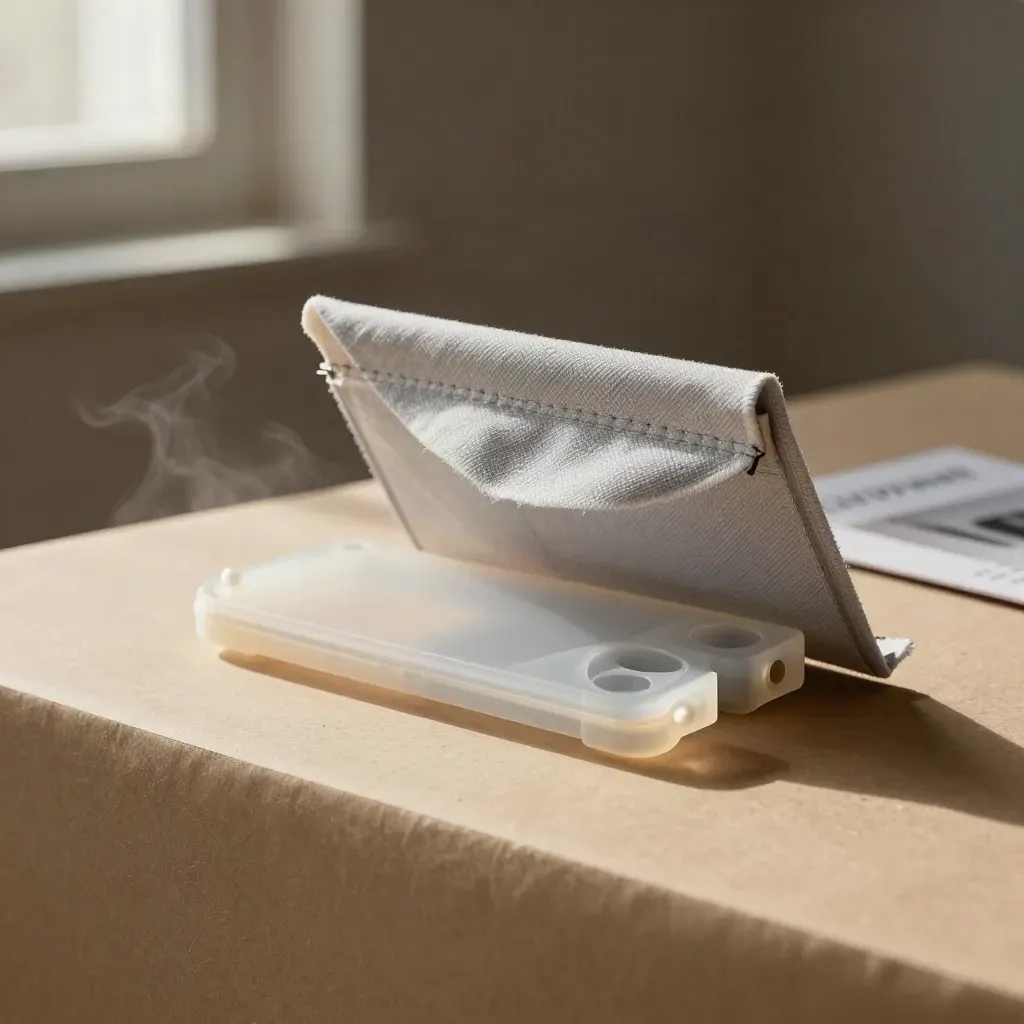 Translucent onboarding pack sliding from a fabric sleeve with connector blocks and steam.