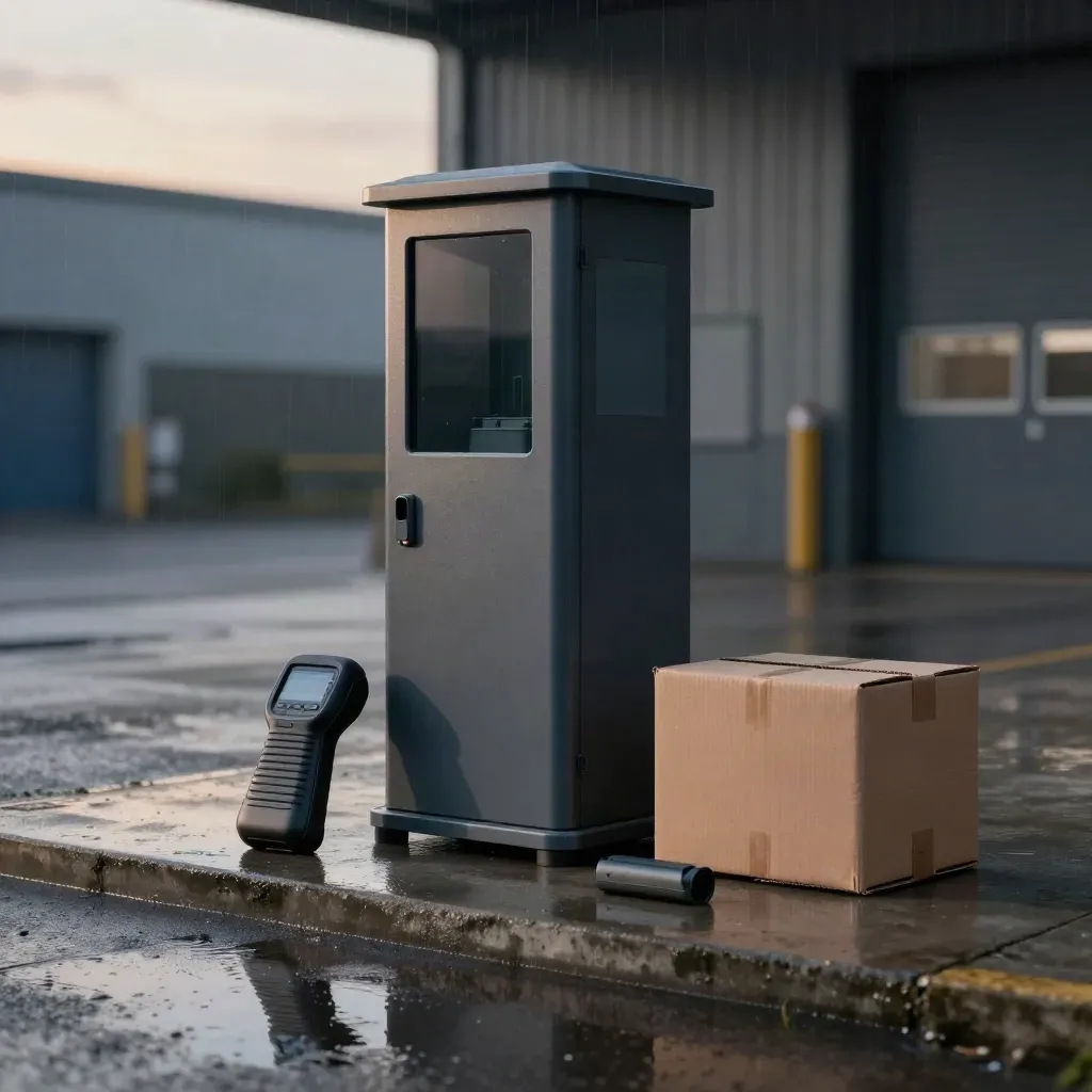 Graphite control tower with handheld terminal, parcel crate and routing puck on a wet warehouse plinth