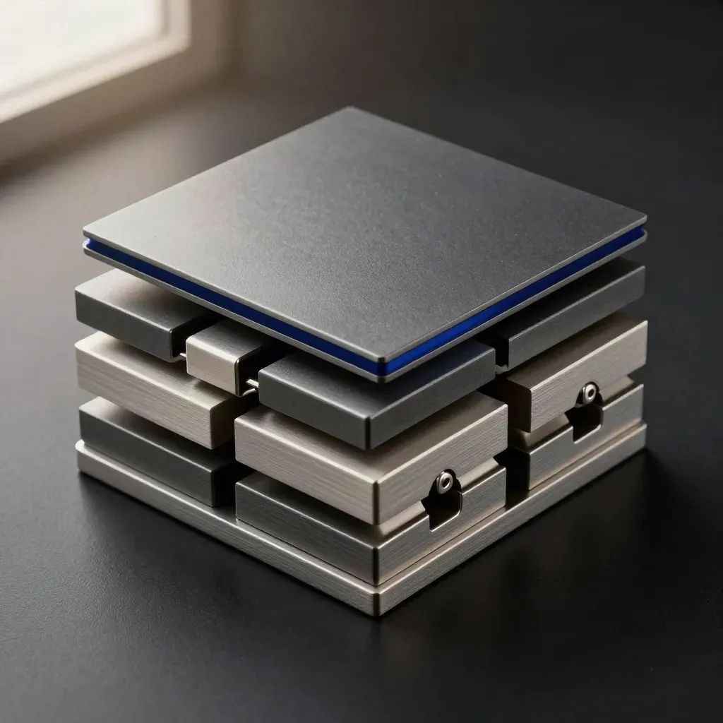 Interlocking square catalogue modules snapping into a precise grid on a dark surface.