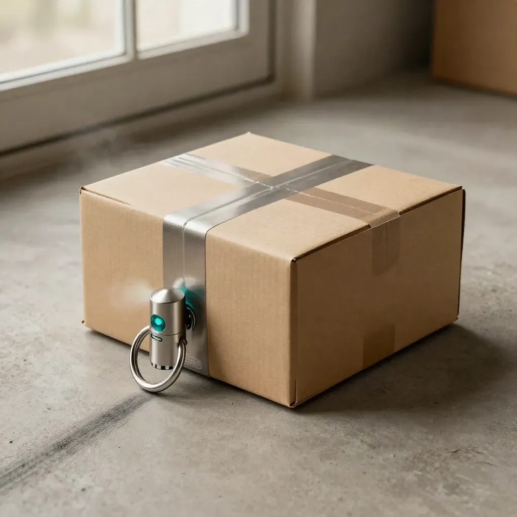 Parcel box, dock ring and signal beacon on khaki concrete with a teal pulse