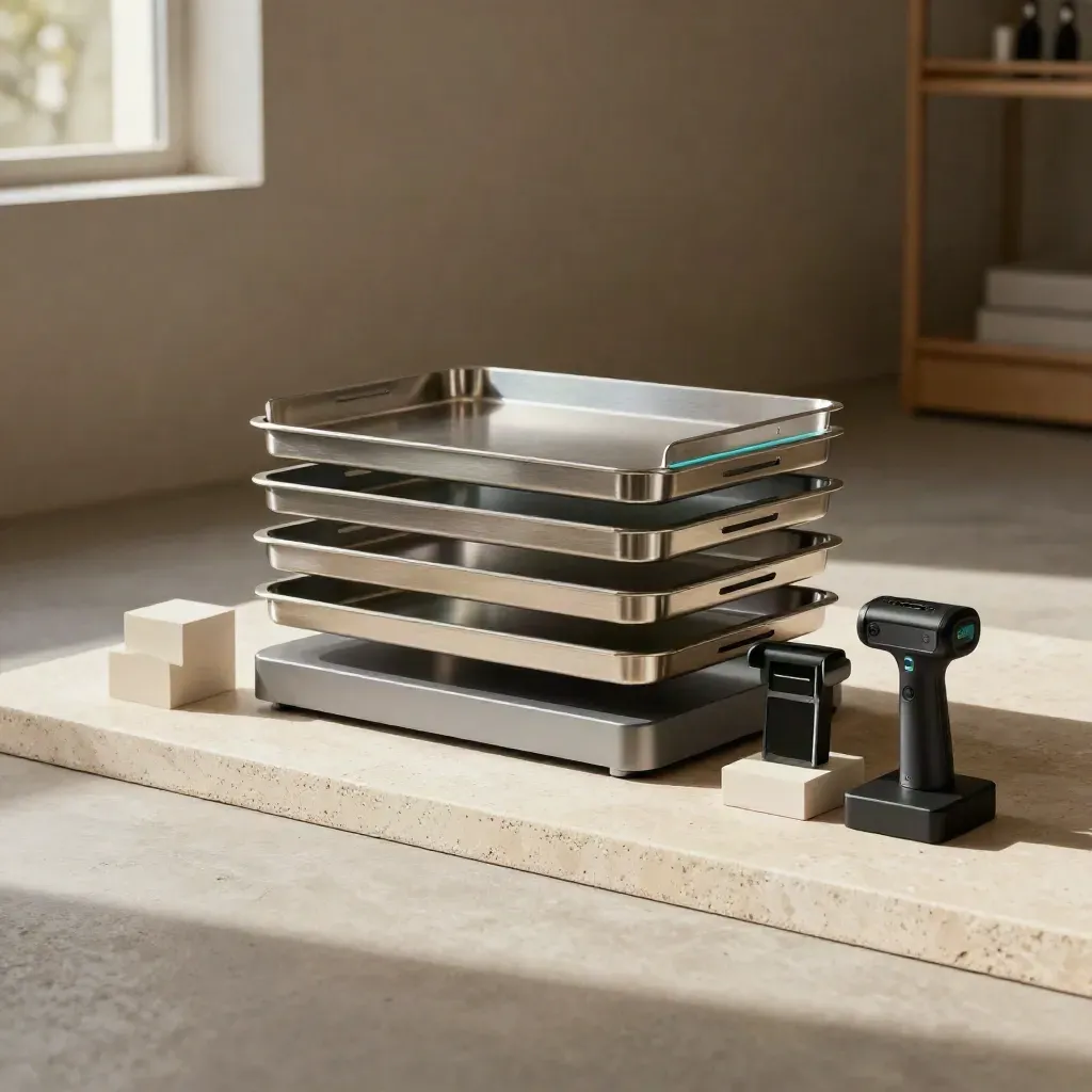 Premium logistics modules and scanner on stone with soft teal edge light