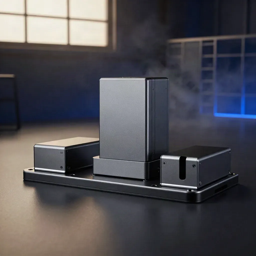 Modular wholesale tier kit lit dramatically on a black surface with smoke and blue rim light.