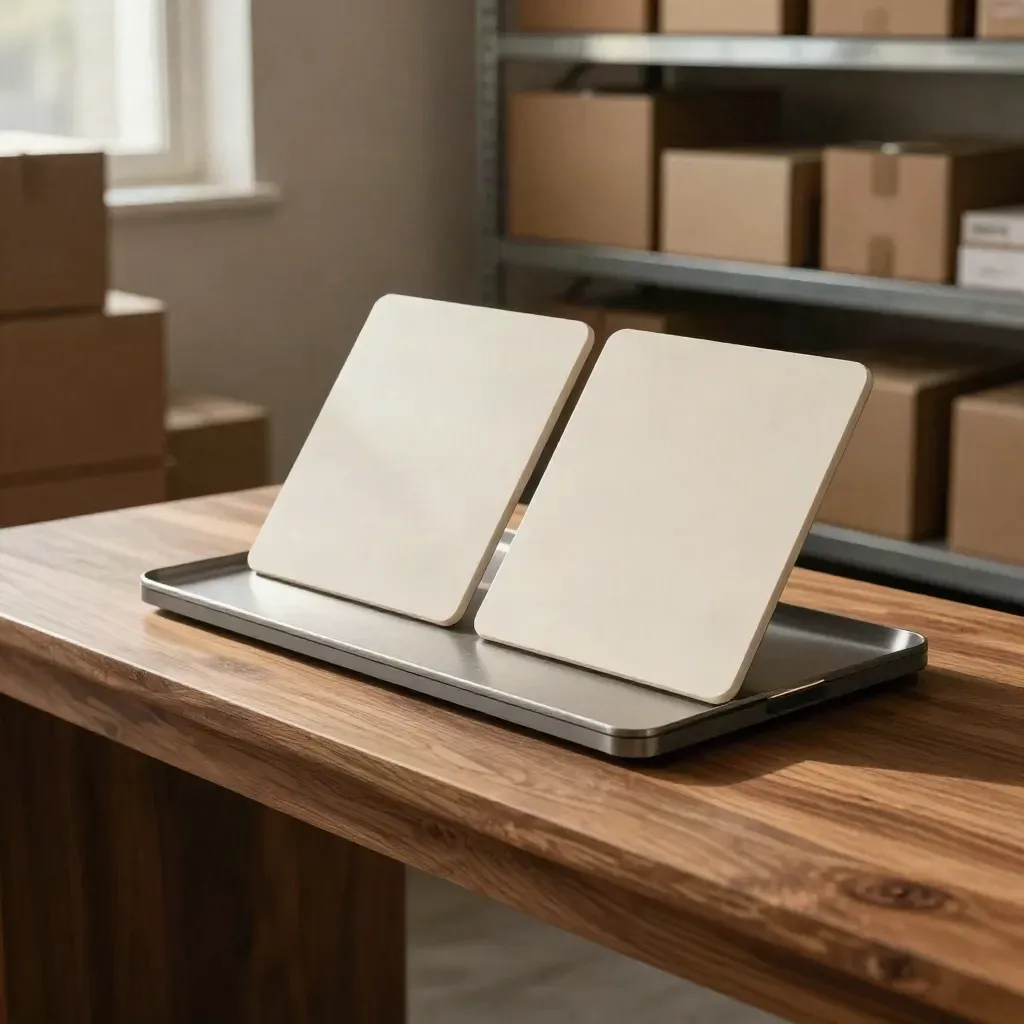 Retail-buyer portal console with access tiles and tray in a softly lit depot alcove