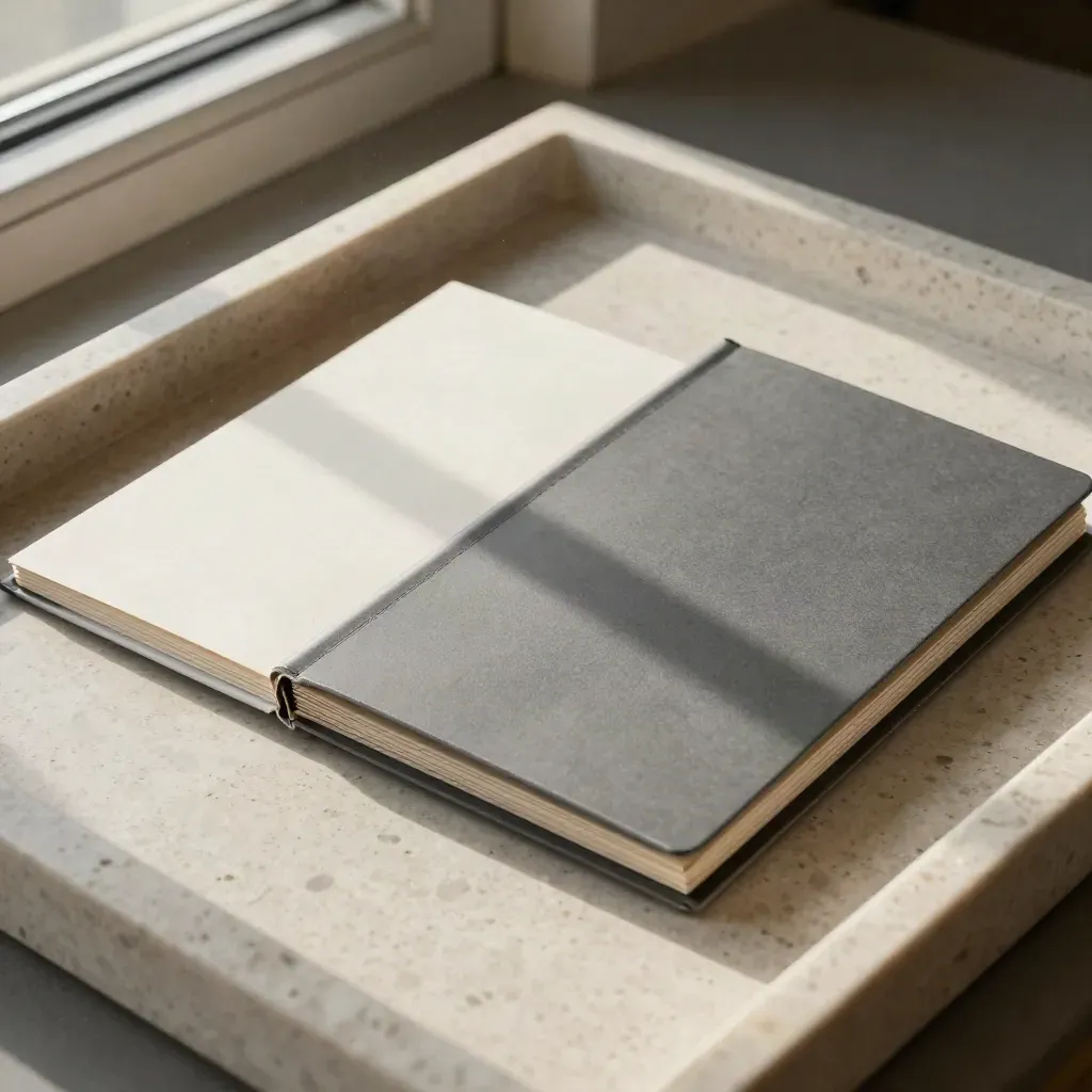 Macro flat lay of import-service folders, folded block, and travertine receiving tray.