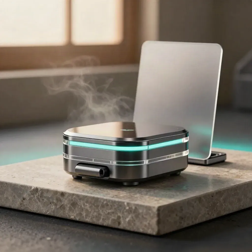 Mirrored sync core with twin translucent rings on stone, glowing teal in mist