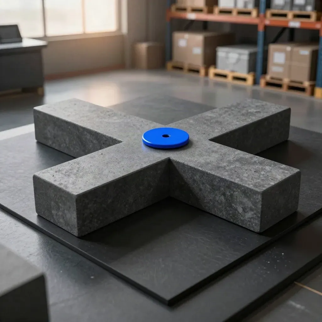 Graphite route blocks branching around a deep blue token in a dim logistics hub.