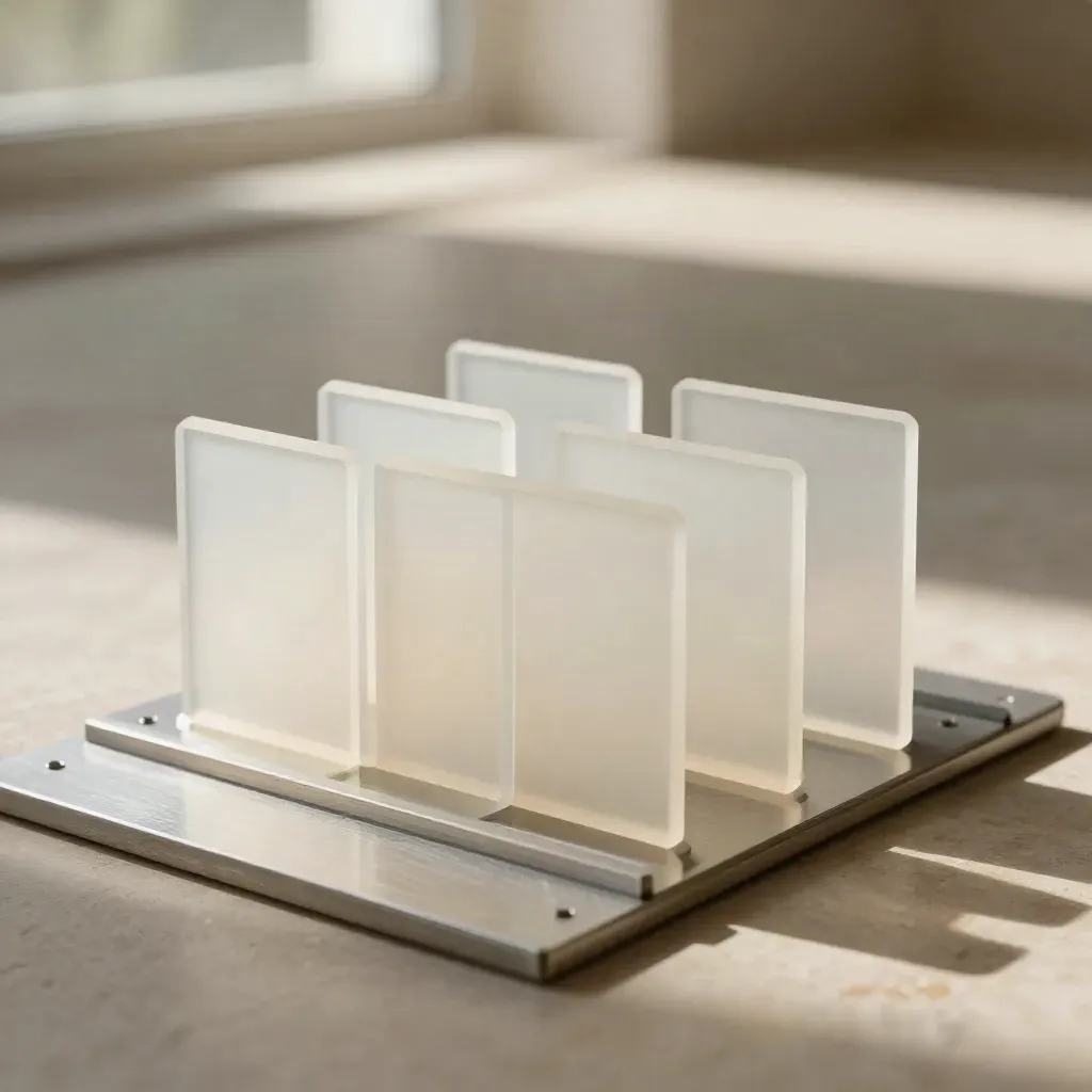 Five translucent site markers on a pale metal grid in a premium overhead flatlay.