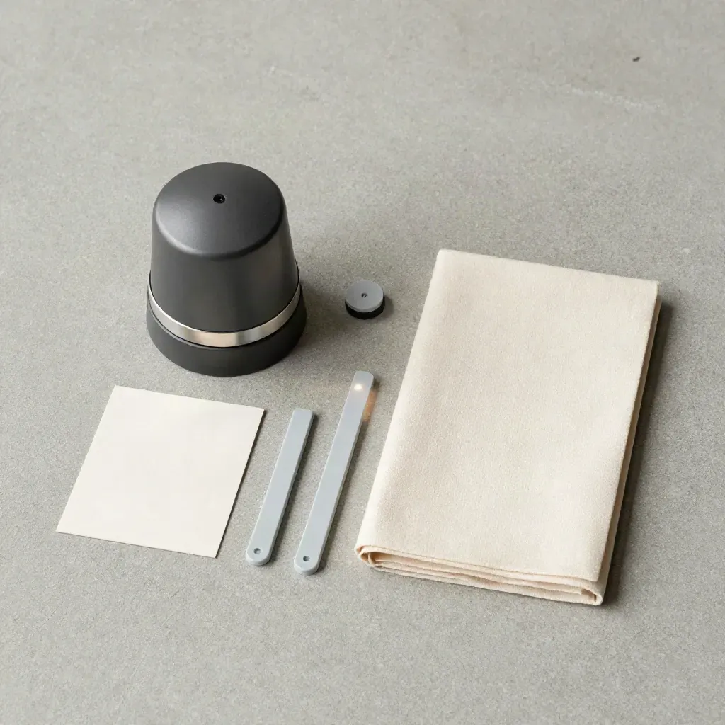 Top-down shipment alert add-on with puck, parcel markers and a soft ping glow on concrete.