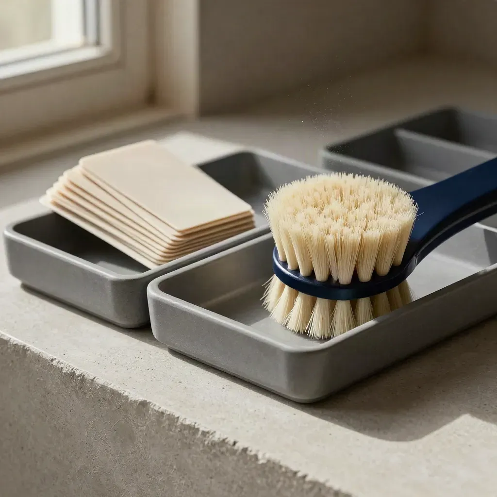 Macro of sorting trays, blank tabs and a brush on brushed stone with dust and blue accent.
