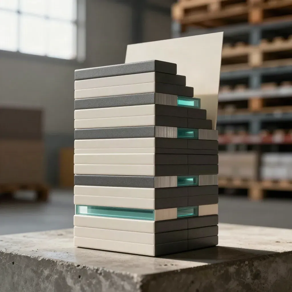 Low-angle hero of a modular trade-plan tower with teal accents on a concrete plinth
