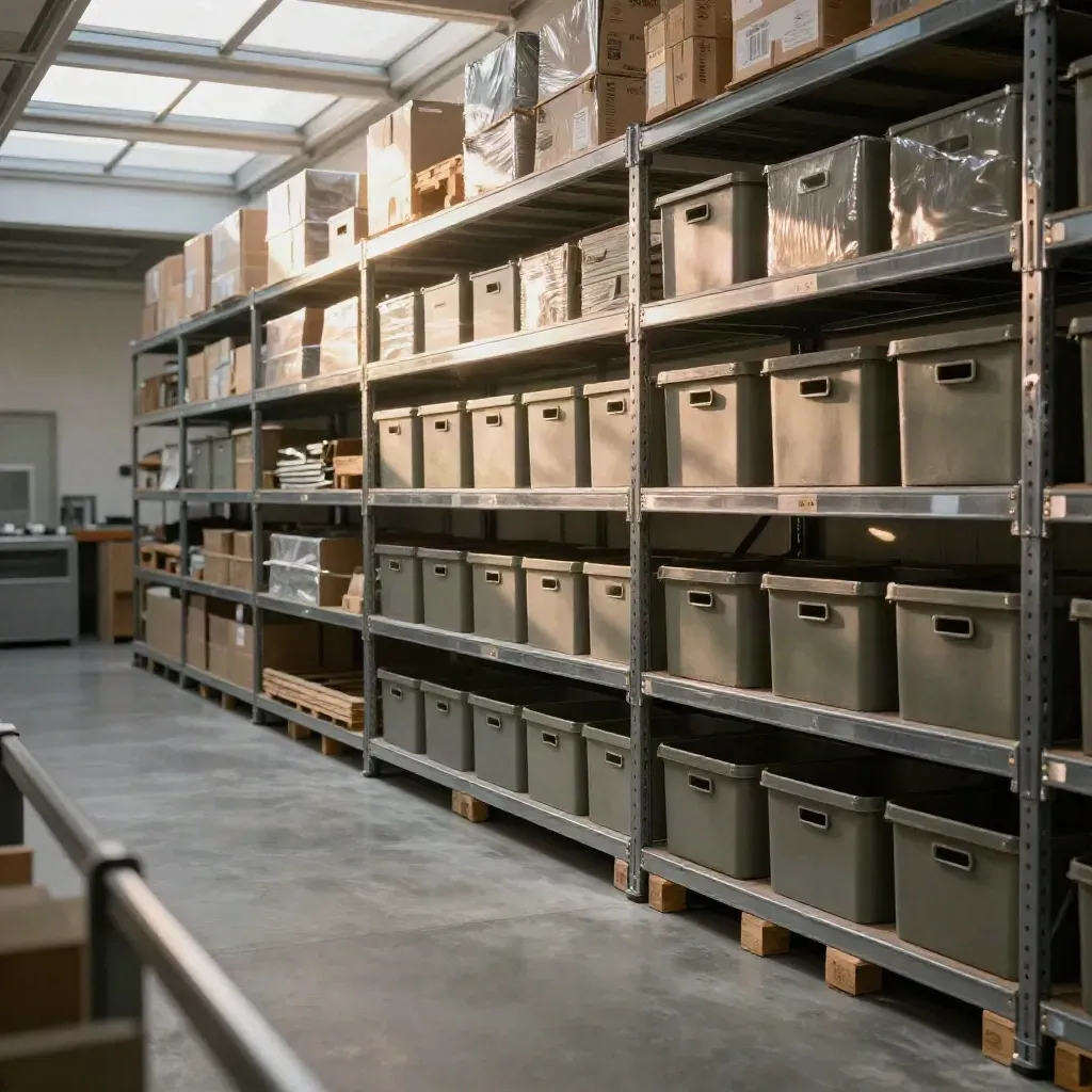 Sunlit mezzanine stockroom with tiered shelving, dust beams, and calm concrete floor.