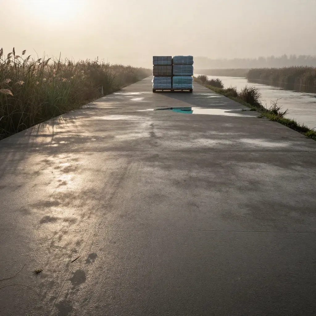 Mist over a wet concrete apron by reeds, with distant depot lights and a lone cargo cage.