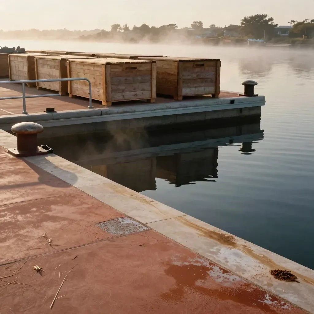 Golden-hour dockside canal with stacked crates and calm misty water for headline copy.