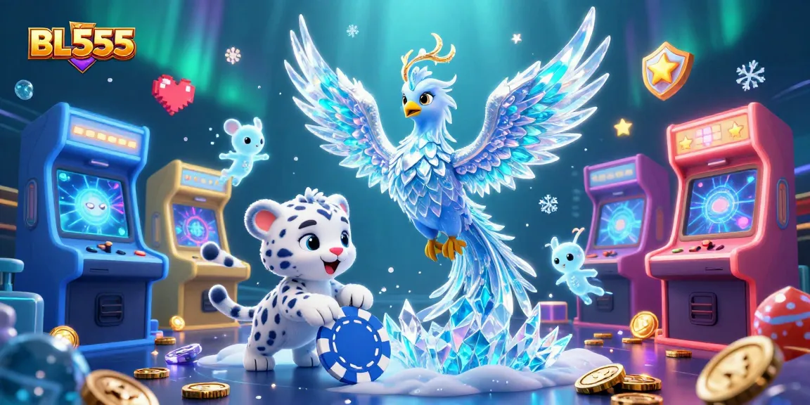 Engage with the vibrant world of BL555, featuring an ice phoenix and playful snow leopard in a dynamic casino scene.