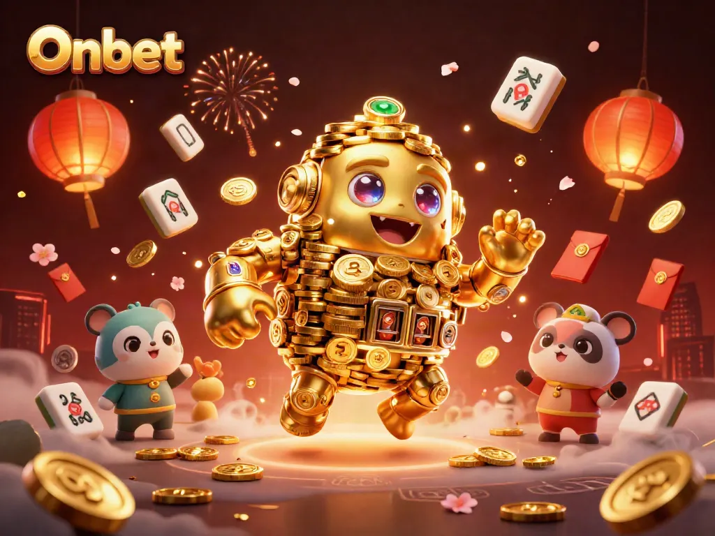 Spin and win big with Onbet's golden golem amidst festive casino elements.