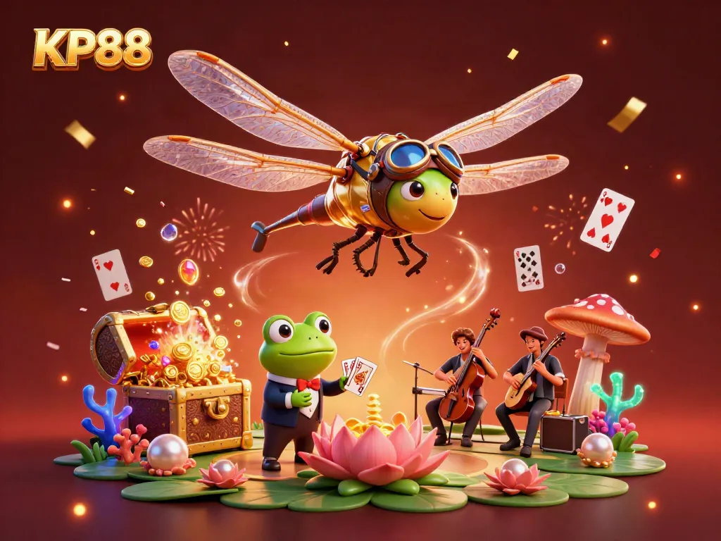 KP88 themed illustration showcasing a dragonfly casino pilot and frog croupier in vibrant gaming scene.