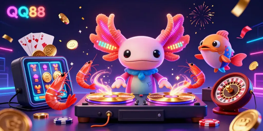 Engage in thrilling gameplay with QQ88’s vibrant casino scene featuring a DJ, glow-stick shrimp dancers, and stunning slot visuals.