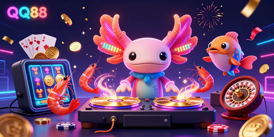 Engage in thrilling gameplay with QQ88’s vibrant casino scene featuring a DJ, glow-stick shrimp dancers, and stunning slot visuals.