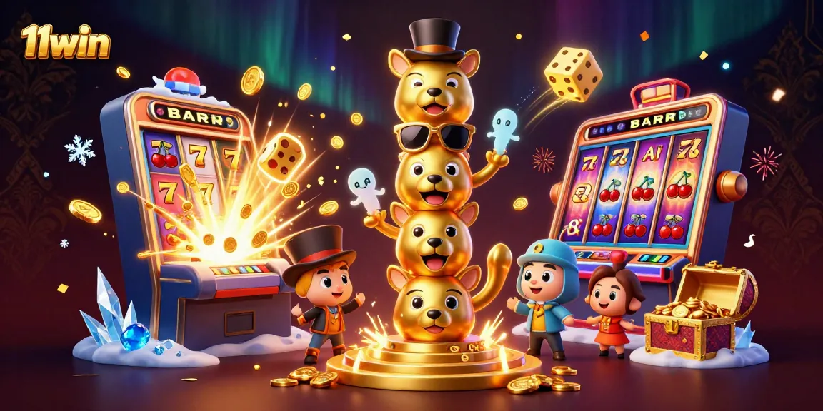 Experience exciting gaming moments with 11win's vibrant casino scene featuring iconic slot machines and gold treasures.
