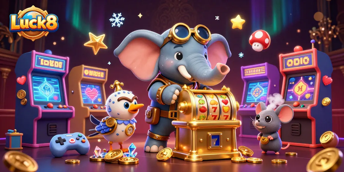 Luck8 brings a whirlwind of excitement with a steampunk elephant winning at the slot machine in a vibrant casino.