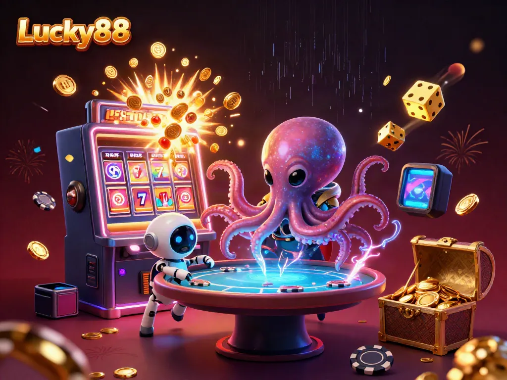 Engage with Lucky88's vibrant casino universe featuring an alien octopus and holographic poker table.