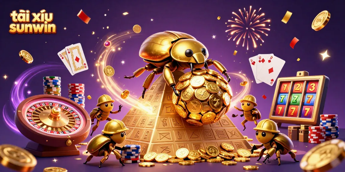 Engage in tài xỉu sunwin with a vivid illustration of cartoon beetles amidst casino elements.