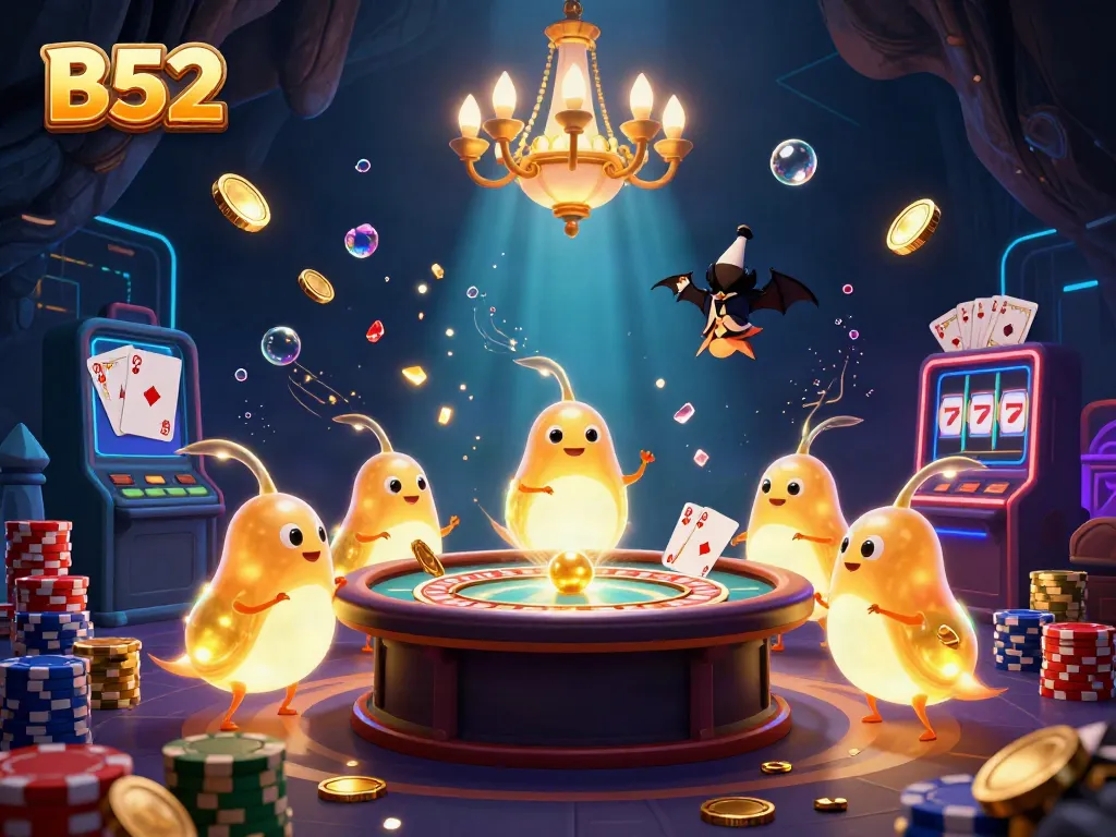 Experience thrilling gameplay at B52 in a vibrant cave casino illuminated by glowing characters.