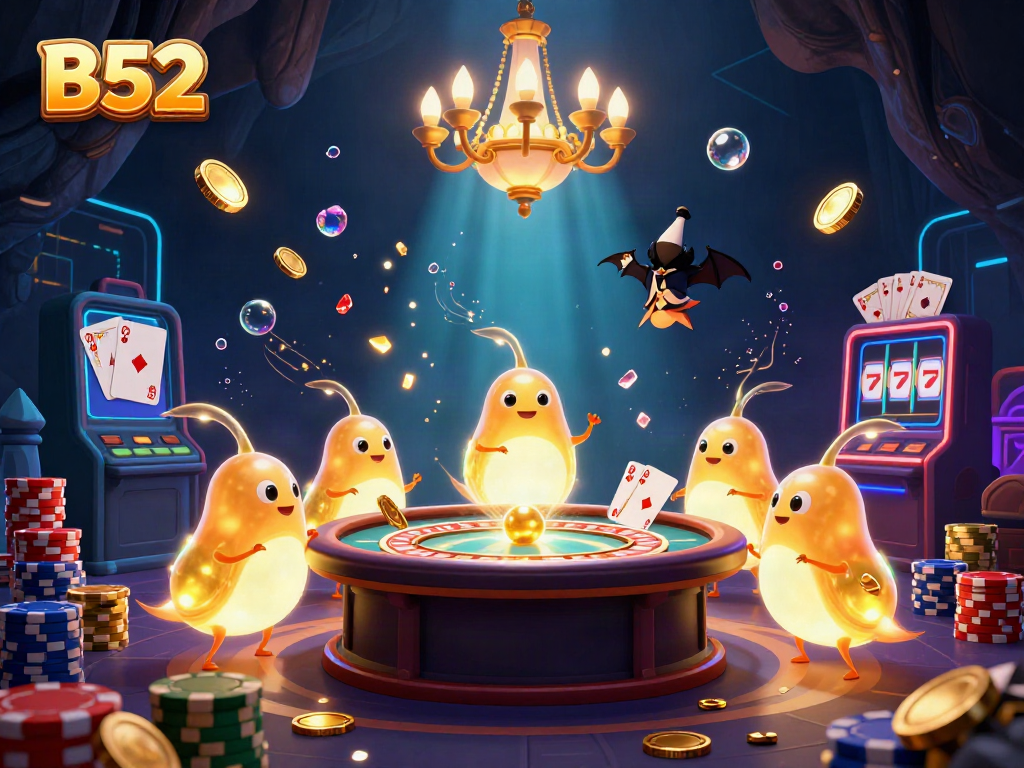 Experience thrilling gameplay at B52 in a vibrant cave casino illuminated by glowing characters.
