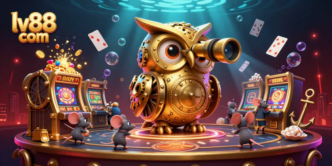 Engage in thrilling gameplay at lv88 com, featuring a golden owl scanning the vibrant casino floor with lively mouse patrons.