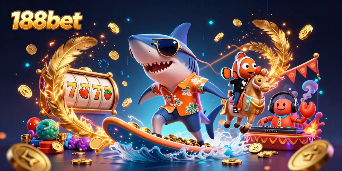 Engage in thrilling gameplay with 188bet featuring a dynamic scene of a shark, clownfish, and crab immersed in casino fun.