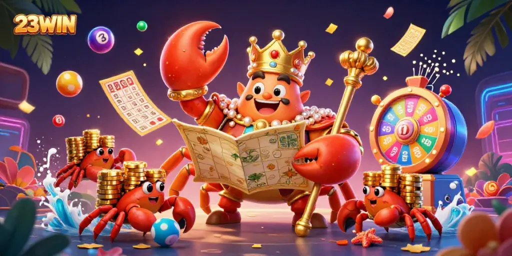 Experience the excitement of 23WIN with a vibrant 3D casino scene featuring a majestic crab emperor and dynamic lottery elements.