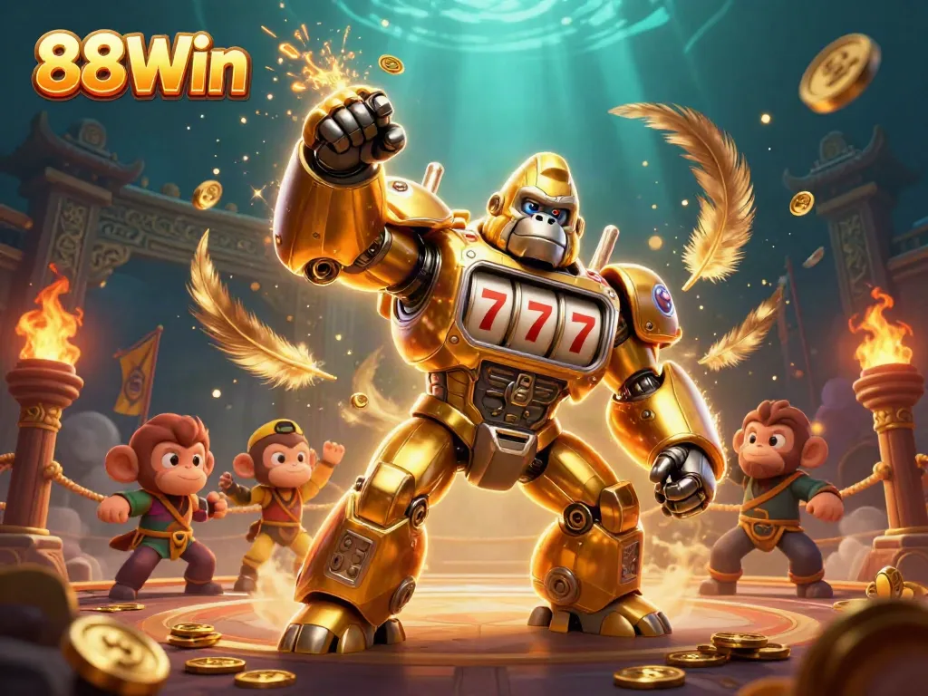 Experience the excitement of 88Win with a dynamic scene of a golden gorilla mech amidst vibrant casino elements.